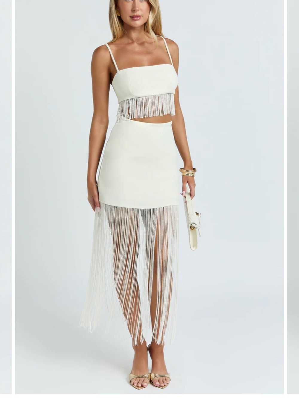 Showpo Cream Fringe Midi Skirt Set